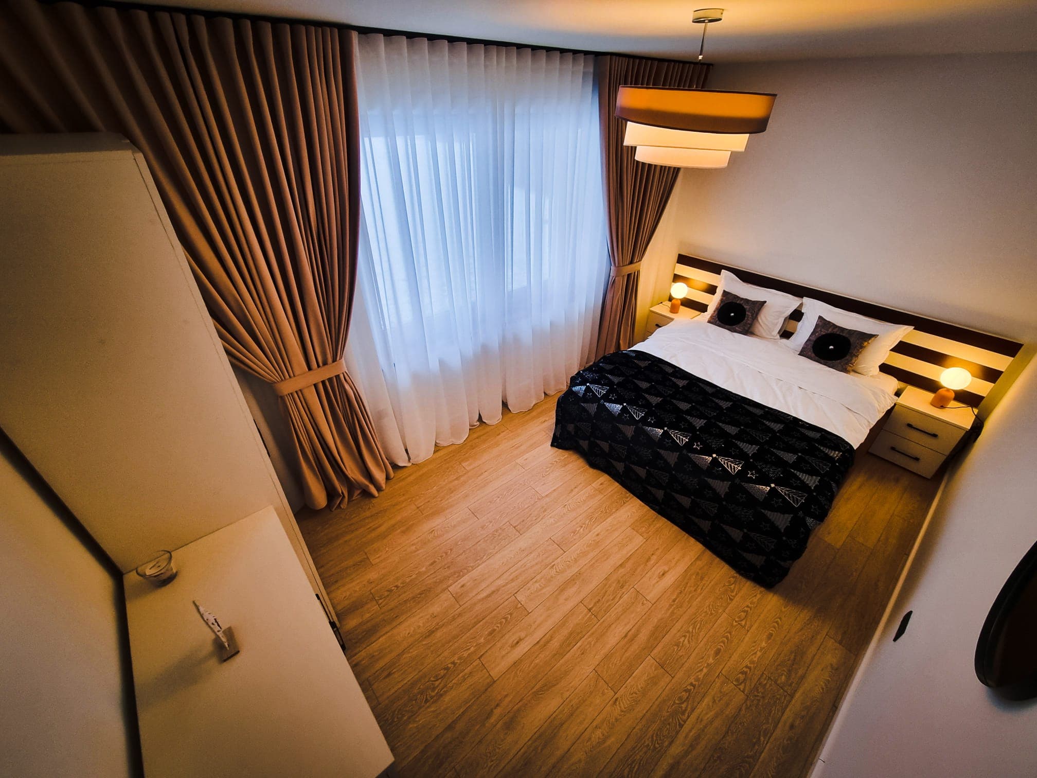 Modern bedroom with wooden accents